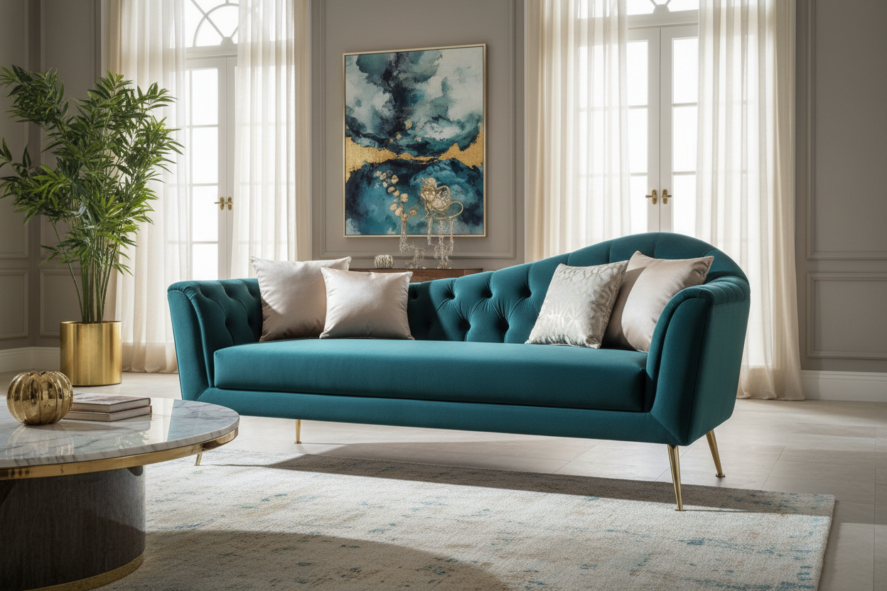 Luxury Velvet Chaise Lounge in deep teal with gold legs