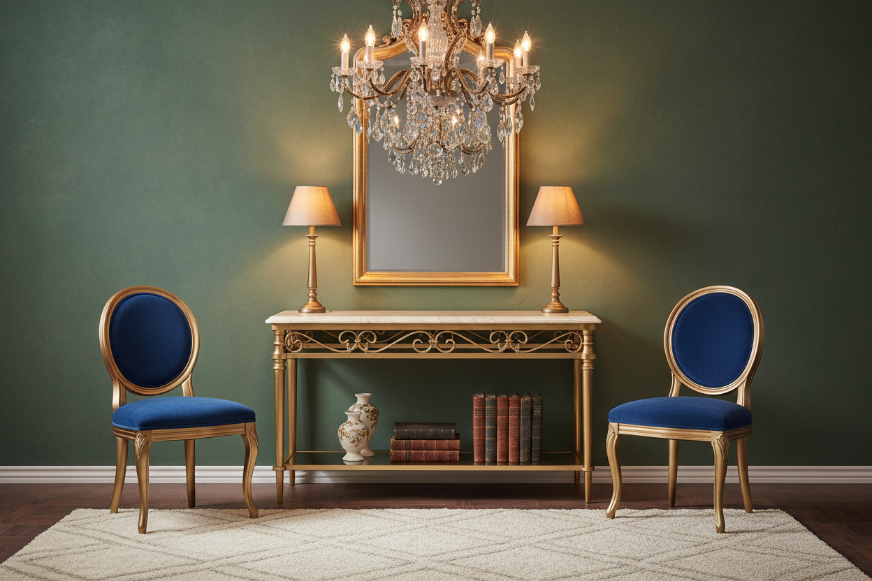 Elegant Gold Console Table with Two Upholstered Chairs