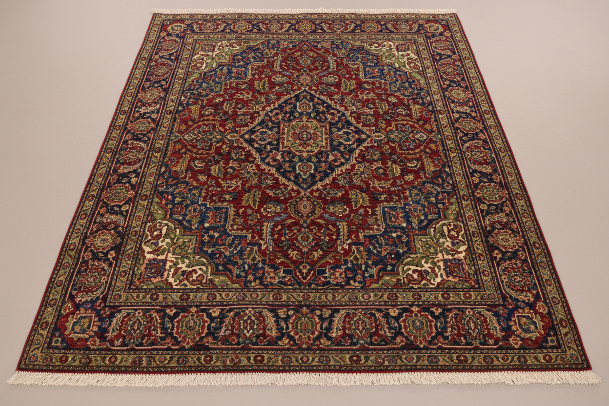 Luxury Large Persian-Style Wool Rug in deep red, navy and gold