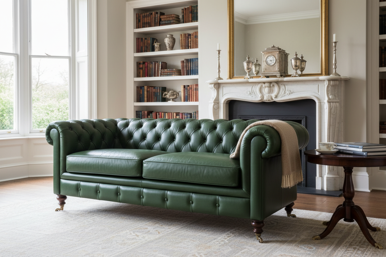 Classic Racing Green Leather Chesterfield Sofa with button tufting and walnut legs