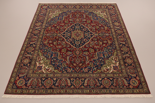 Luxury Large Persian-Style Wool Rug in deep red, navy and gold