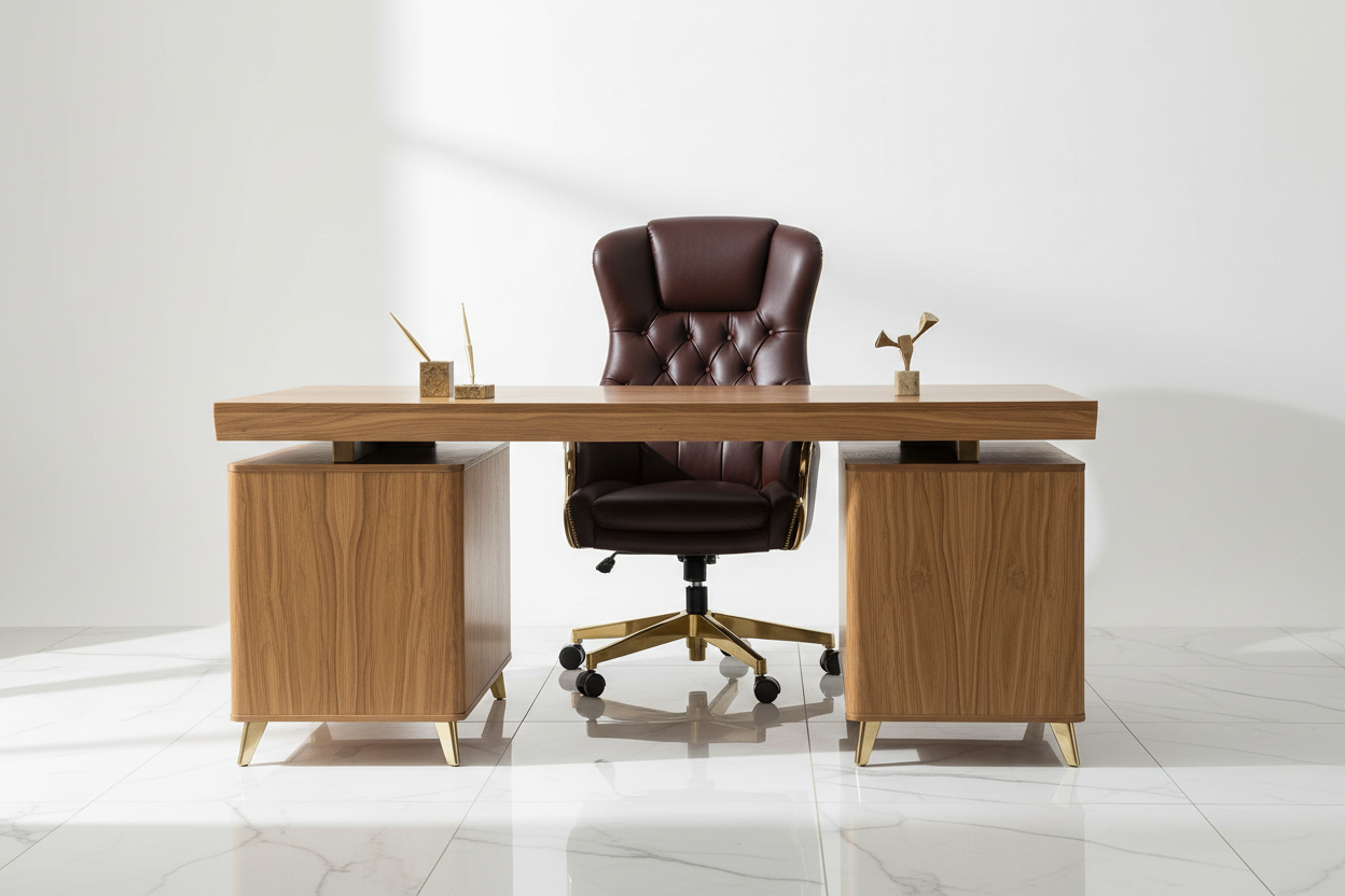 Executive oak veneer desk and high-back leather chair in a luxury home office setting