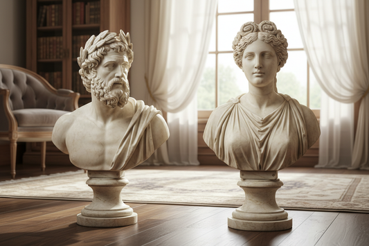 Classical Marble Decorative Bust Sculptures Set of Two on plinths